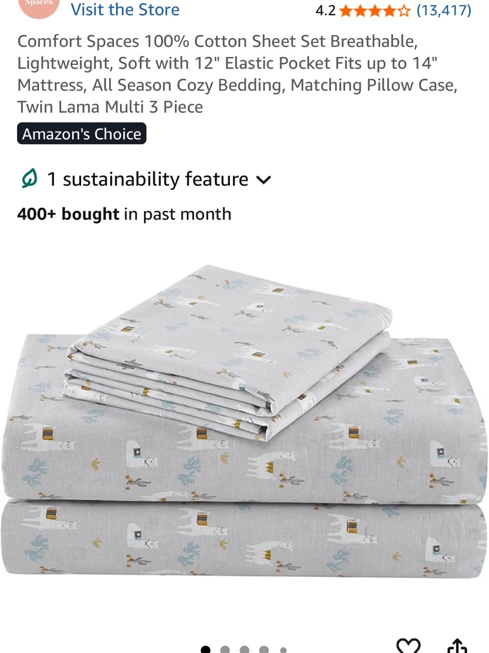 Cotton Sheet Set - Grey with Multicolor Llama Print